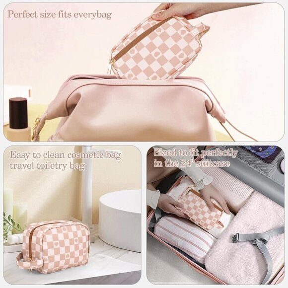 Small Personalized Make up Bag With Checkered Makeup Travel Bag Wide-open Pouch - Picture 6 of 7